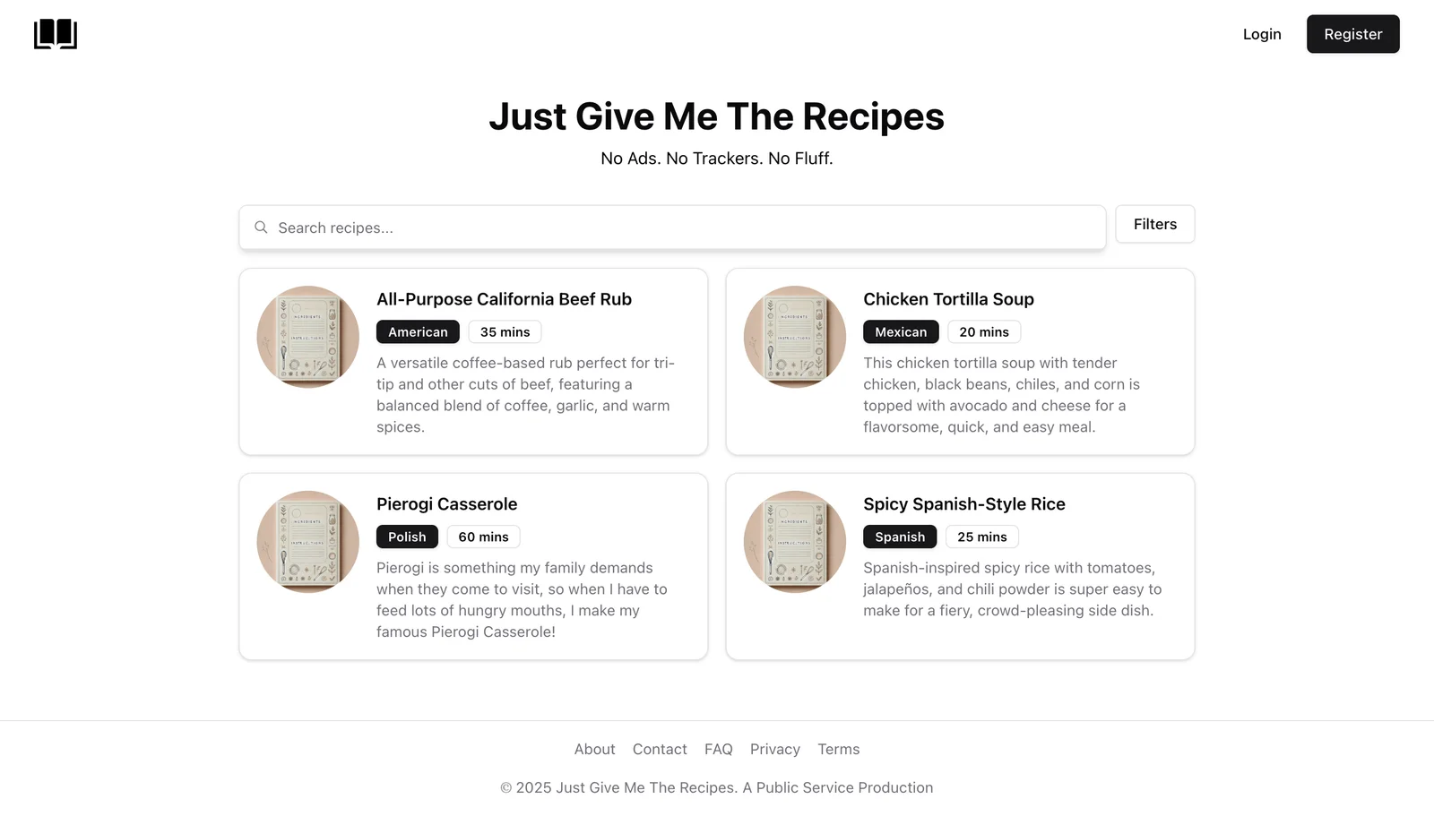 justgivemethe.recipes — Fast, structured recipe platform preview